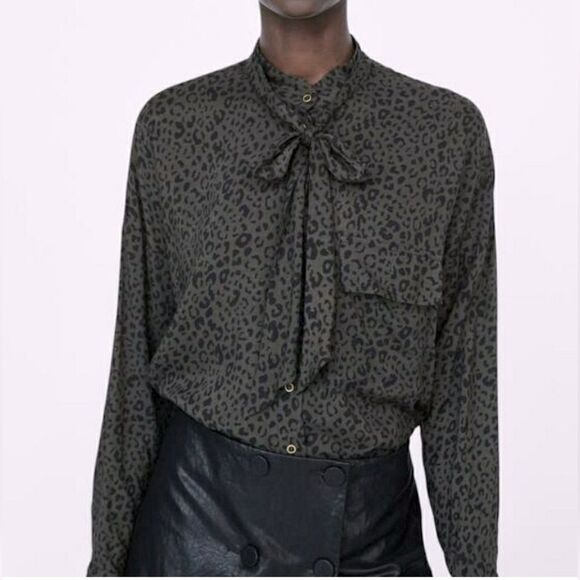 Zara Leopard Print Tie Neck Detail Long Sleeve Button Down Shirt Women's Size S‎ - Picture 1 of 8